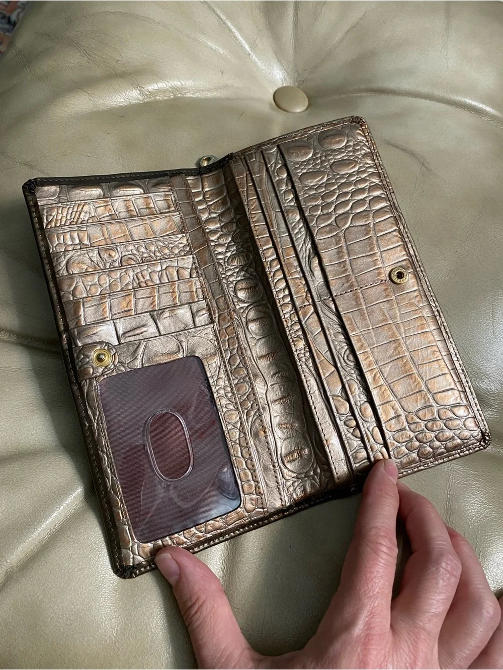 HTF Brahmin Bourdele Wallet in Cream/Gold/Taupe Scroll Embossed Leather